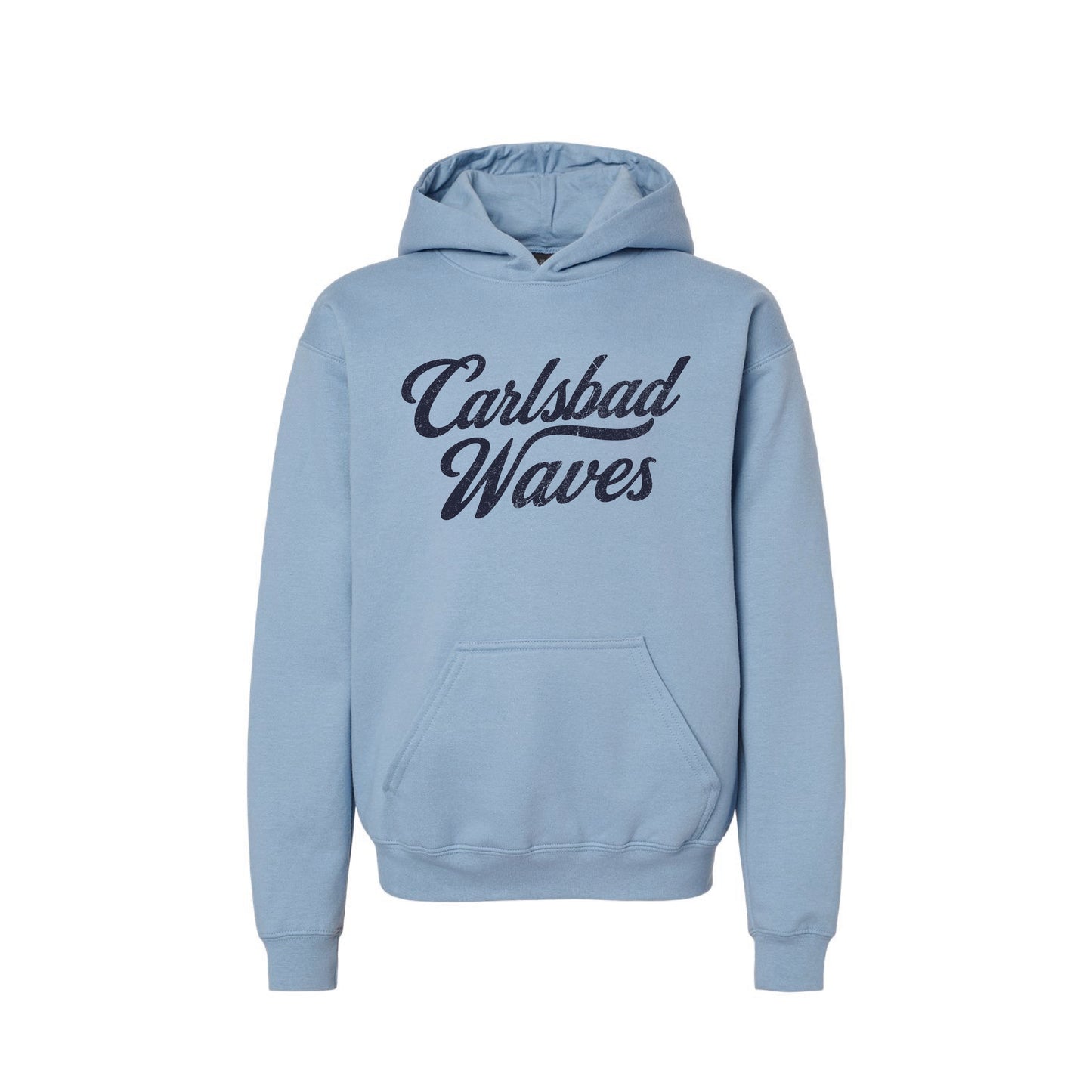 Carlsbad Waves Script Heavy Blend Hooded Sweatshirt (Stone Blue)